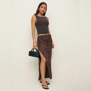 Reformation Leopard Evalin Low Waist Midi Skirt Side Slit Rushed Size 8